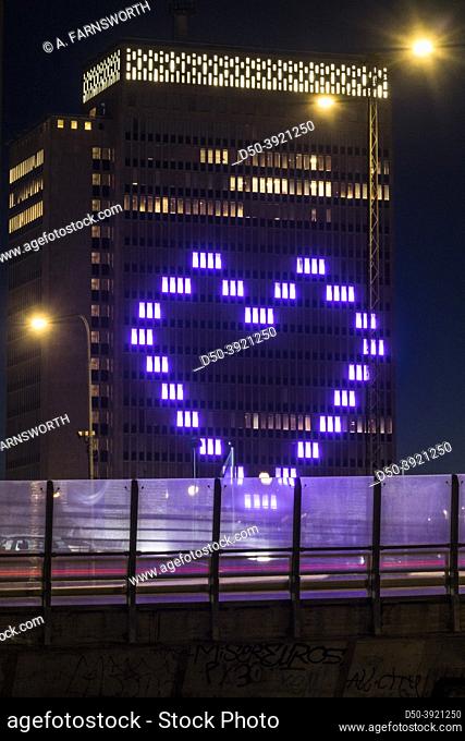Stockholm, Sweden Lights shaped like a heart on a building at Skanstull on Sodermalm