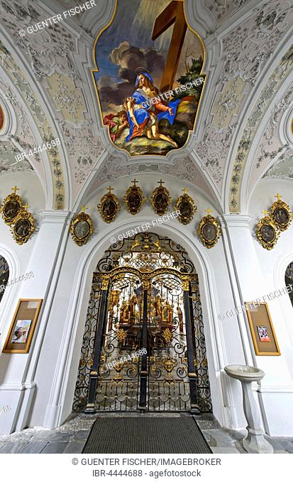Entrance gate of Austrian grave and ceiling paintings, Fürstengruft, Stift Stams Cistercian Abbey, Stams, Tyrol, Austria