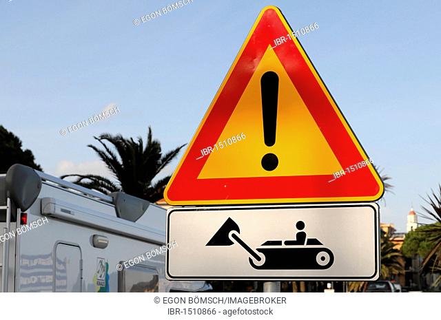 Warning sign, construction vehicles, Diana Marina, Liguria, Italy, Europe