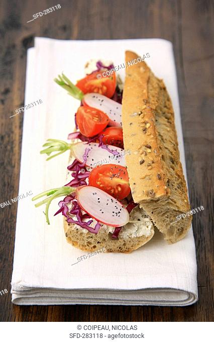 Red cabbage, radish and tomato sandwich