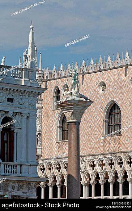 Symbol of Venice at Pole in Front of Doges Palace in Venice
