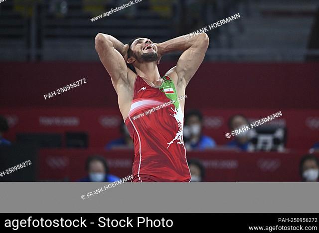 Mohammadreza GERAEI (red) (IRI) cheers after his victory, winner, winner, Olympic champion, 1st place, gold medal, gold medalist, Olympic champion