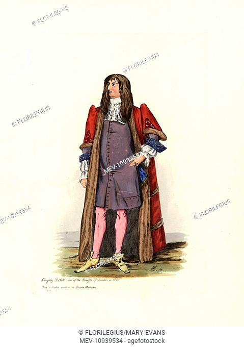 Slingsby Bethell, Esq., a Sheriff of London in 1680, from a scarce print in the British Museum. . Handcolored engraving from Civil Costume of England from the...