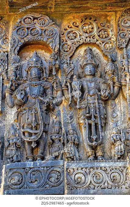 Maheshwara, Vishnu deity sculptures. Hoysalesvara Temple, Halebid, Karnataka, 12th Century. Shiva temple