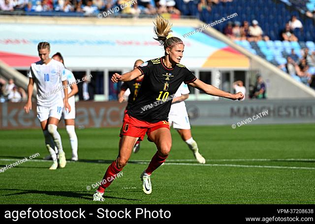 Belgium's Justine Vanhaevermaet celebrates after scoring during a game between Belgium's national women's soccer team the Red Flames and Iceland, in Manchester