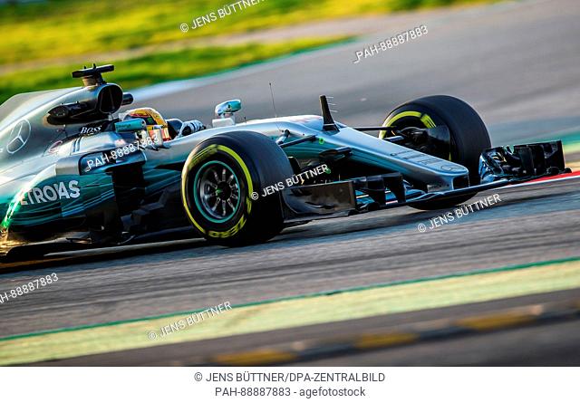 British Formula One pilot Lewis Hamilton of Mercedes AMG in action during the testing before the new season of the Formula One at the Circuit de Catalunya race...