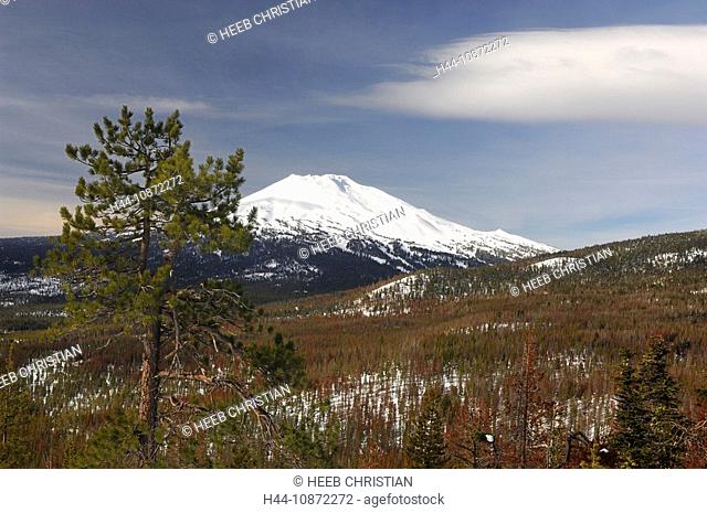 Mount Bachelor with snow, Cascade Mountain Range, Central Oregon, Oregon, USA