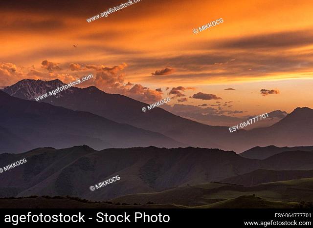 Beautiful sunset in the smoky mountains, Caucasus mountains
