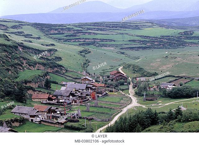 China, province Sichuan, landscape,  Village  Asia, Eastern Asia, central China, highland, mountains, highland, terrace fields, fields, settlement, houses