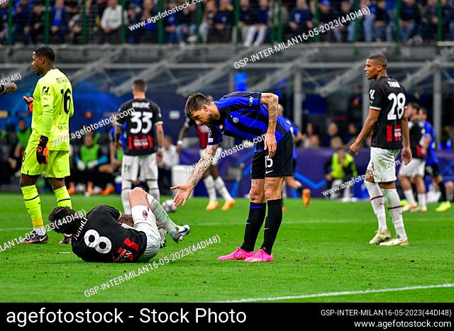 Milano, Italy. 16th, May 2023. Francesco Acerbi (15) of Inter and Sandro Tonali (8) of Inter seen during the UEFA Champions League match between Inter and AC...