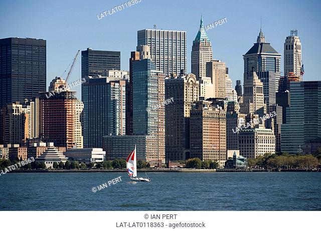 view from Hudson River with New York skyline background. Manhattan island. city