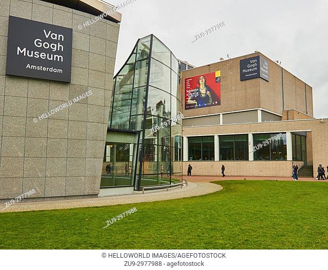 Van Gogh Museum by Gerrit Rietveld and modern extension and entrance hall by Japanese architect Kisho Kurokawa, Museumplei (Museum Square), Amsterdam
