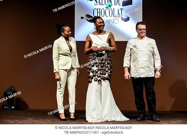 Salon du Chocolat, the Designer Sylvie Valtan, a model and the pastry chef Fabio Ferrari at the fashion show with clothes inspired and made with chocolate Milan