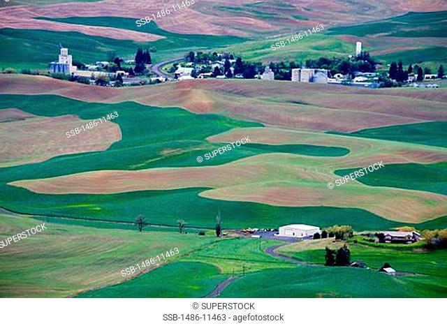 High angle view of a village, Steptoe Butte State Park, Palouse Region, Spokane, Spokane County, Washington State, USA