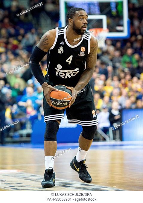 Madrid's K.C. Rivers in action with the ball the Basketball Euroleague group B match Alba Berlin vs Real Madrid at the O2 World venue in Berlin, Germany