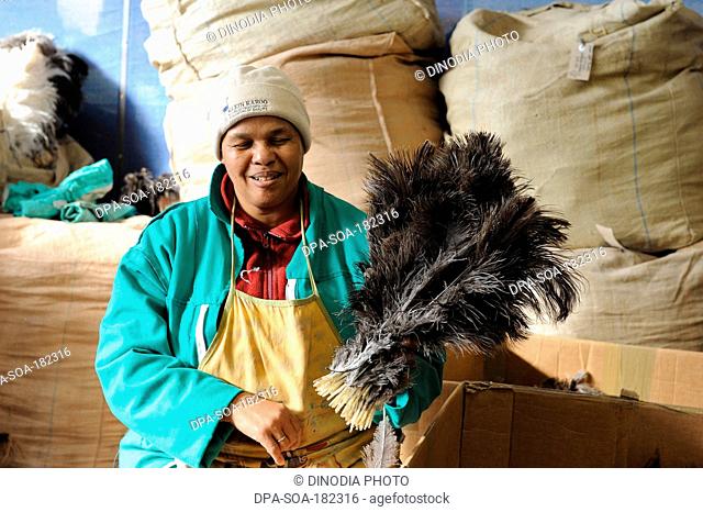 woman working Ostrich feather factory south Africa