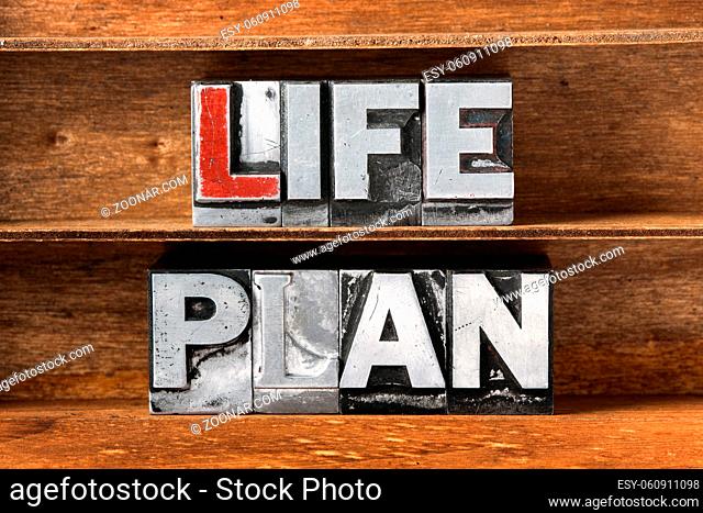 life plan phrase made from metallic letterpress type on wooden tray