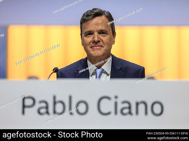 04 May 2023, North Rhine-Westphalia, Bonn: Pablo Ciano, member of Deutsche Post's Board of Management, sits on the podium at the AGM