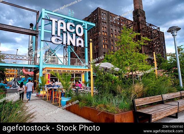 Brooklyn NY - USA - Aug 26 2019: Domino Park in Williamsburg Brooklyn, Old sugar factory