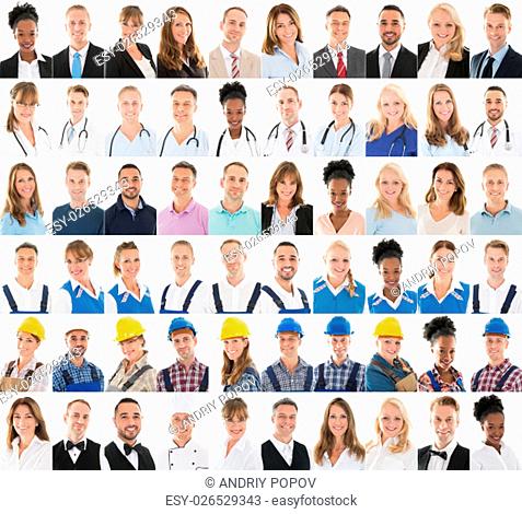People With Different Profession In Row Against White Background