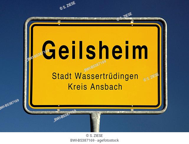 Geilsheim place name sign, Germany, Bavaria, Landkreis Ansbach, Wassertruedingen