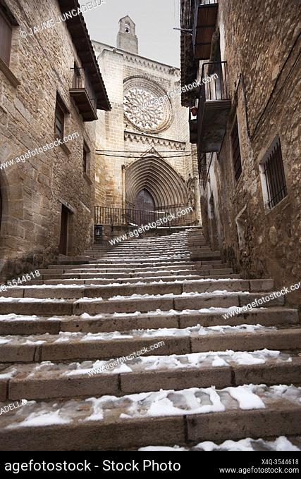 Valderrobres, Spain. February 6, 2018: View of the medieval Village in Teruel province with the first snow. Medieval Church