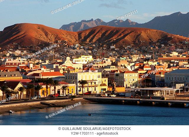 west Africa, Cape Verde, Sao Vicente, Mindelo, portuguese colonial facades on the background of volcanic mountains