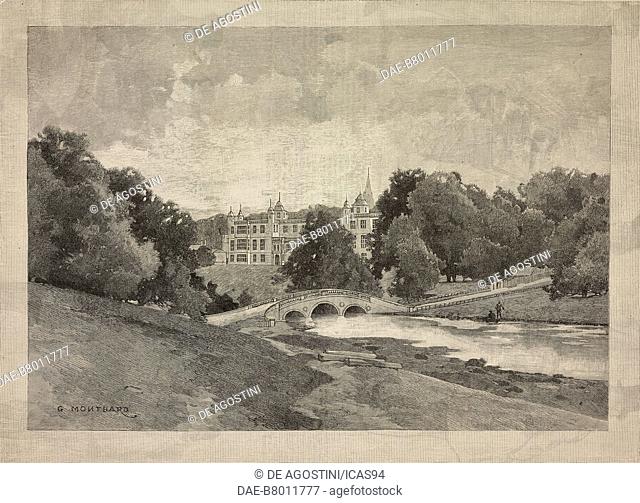View of Audley End from the opposite side of the river, English homes, United Kingdom, engraving from The Illustrated London News, volume 96, No 2668, June 7