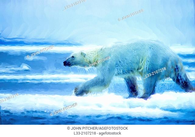 Large male polar bear running on ice floe, oil painting effect, digital art