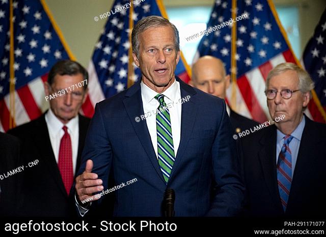 United States Senator John Thune (Republican of South Dakota) offers remarks during the Senate Republican€™s policy luncheon press conference