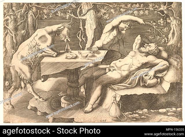 Silenus sleeping at right, taunted by a Satyr, and a Goat climbing on a table at left. Artist: Giorgio Ghisi (Italian, Mantua ca