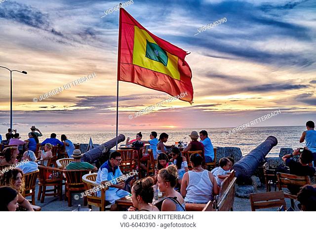 Cartagena flag at sunset at Cafe del Mar, Cartagena de Indias, Colombia, South America - Cartagena de Indias, Colombia, 29/08/2017