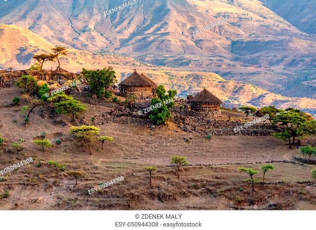 Beautiful mountain landscape with traditional ethiopian houses Amhara region near city Lalibela. Ethiopia, Africa