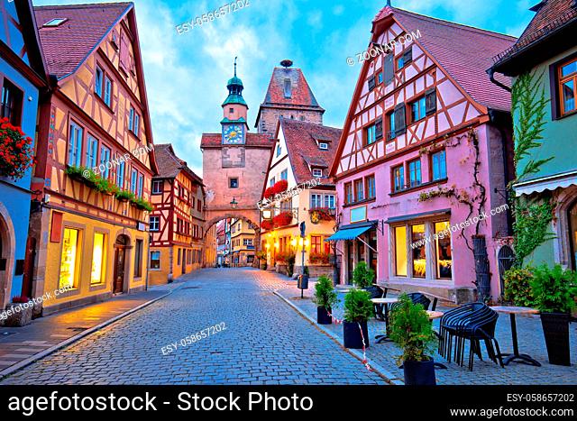 Cobbled street of historic town of Rothenburg ob der Tauber dawn view, Romantic road of Bavaria region of Germany