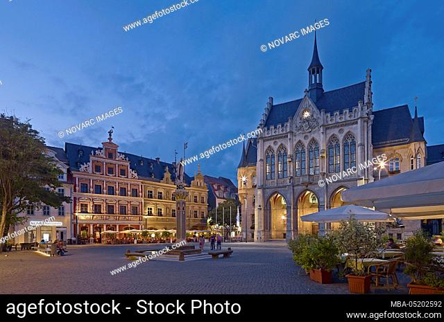 Fish market with house to the wide hearth, Rolands„ule and city hall in Erfurt, Thuringia, Germany