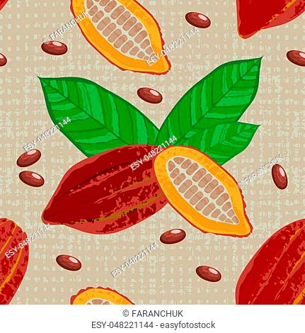 Cocoa fruits and leaves. Whole fruit, cut, cocoa beans. Vector illustration. Chocolate. Grunge texture. Textile background Seamless Pattern