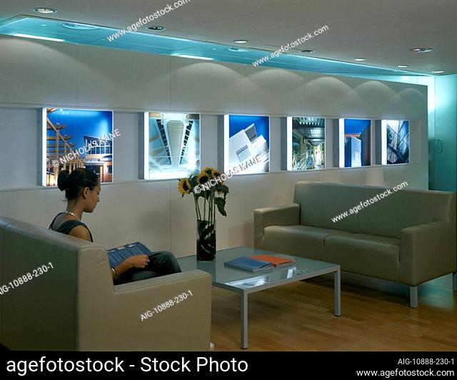 Office life and interiors. Woman waiting in reception area