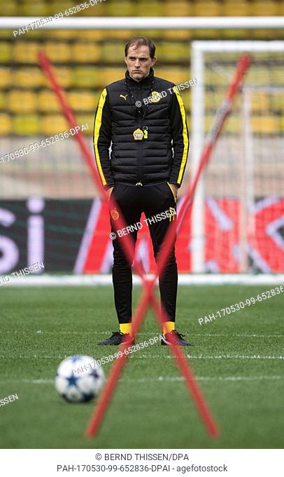 FILE - Borussia Dortmund's coach Thomas Tuchel, photographed during a training session at the Stade Louis II in Monaco, Germany, 18 April 2017
