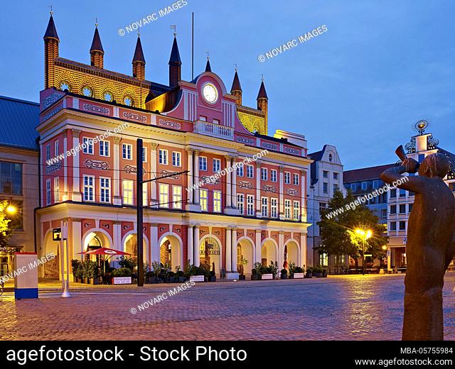 Rathaus at the Neuer Markt with Neptune Fountain in Rostock, Mecklenburg-West Pomerania, Germany