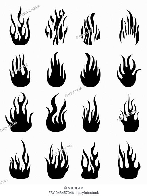 Black silhouettes of fire flames, set icons