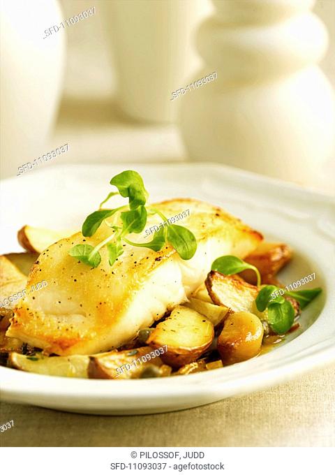 Pan Seared Cod Fish with Roasted Potatoes and Garlic