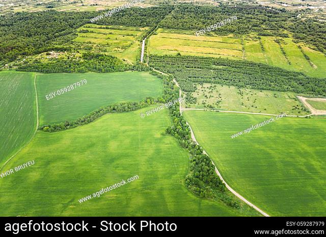 Aerial View Spring Empty Field With Windbreaks Landscape. Top View Of Field And Forest Belt. Bird's Eye View. A Windbreak Or Shelterbelt Is A Planting Usually...