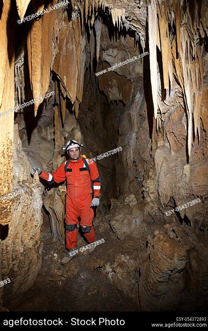 Caving in Acederal Cave, Zaragoza Province, Aragon, Spain