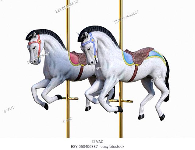 3D rendering of carousel horses isolated on white background