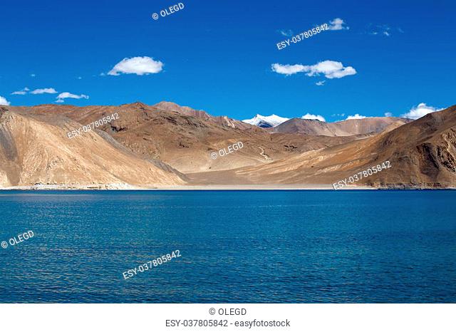 The sunny day at Pangong Lake. Pangong Lake, is an endorheic lake in the Himalayas situated at a height of about 4, 350 m (14, 270 ft)