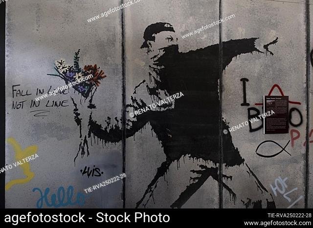 Artwork 'Rage Flower Thrower ' at the exhibition 'The world of Banksy' at the station Torino Porta Nuova. The exhibition itinerary presents over 90 works of...
