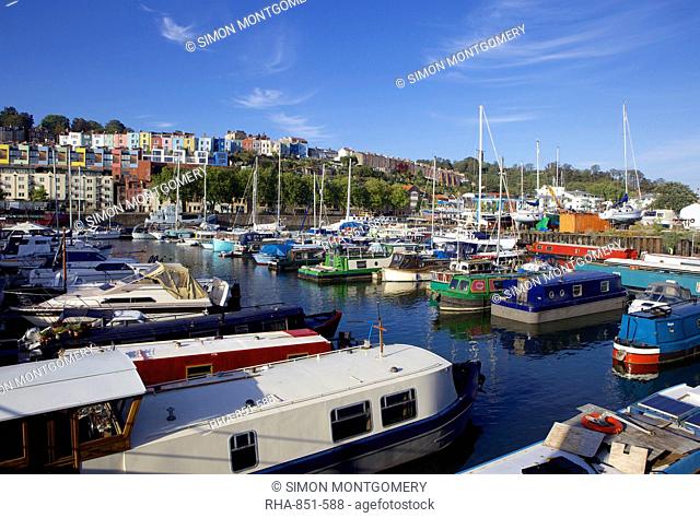 Narrowboats along Bristol's Harbourside near Hotwells, Bristol, England, United Kingdom, Europe