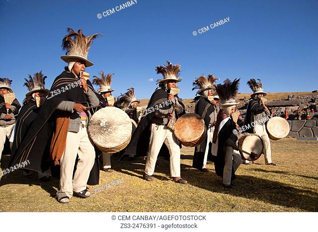 Musicians with traditional costumes at the Inti Raymi Festival at Saqsaywaman, Cuzco, Peru, South America