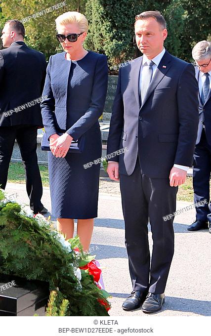 April 10, 2018 Powazki Cemetery, Warsaw, Poland. Presidential Couple during the deposit wreath ceremony at the monument of to the victims of the Smolensk air...