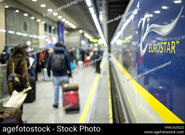 Illustration picture shows the arrival of a train of railway company Eurostar from London at the Brussel-Zuid - Bruxelles-Midi - Brussels-South train station